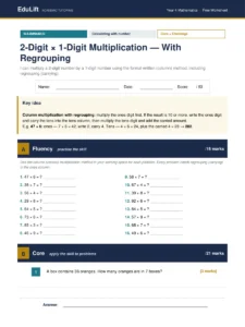 First page of the Year 4 2-digit × 1-digit multiplication — with regrouping worksheet