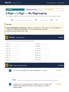 First page of the Year 4 2-digit × 1-digit — no regrouping worksheet