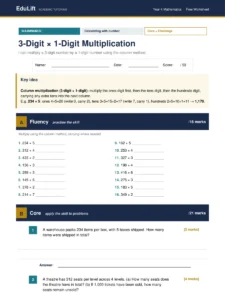 First page of the Year 4 3-digit × 1-digit multiplication worksheet