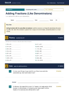First page of the Year 4 adding fractions (like denominators) worksheet