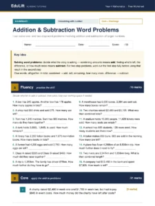 First page of the Year 4 addition & subtraction word problems worksheet