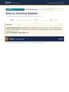 First page of the Year 4 area by counting squares worksheet