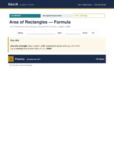 First page of the Year 4 area of rectangles — formula worksheet