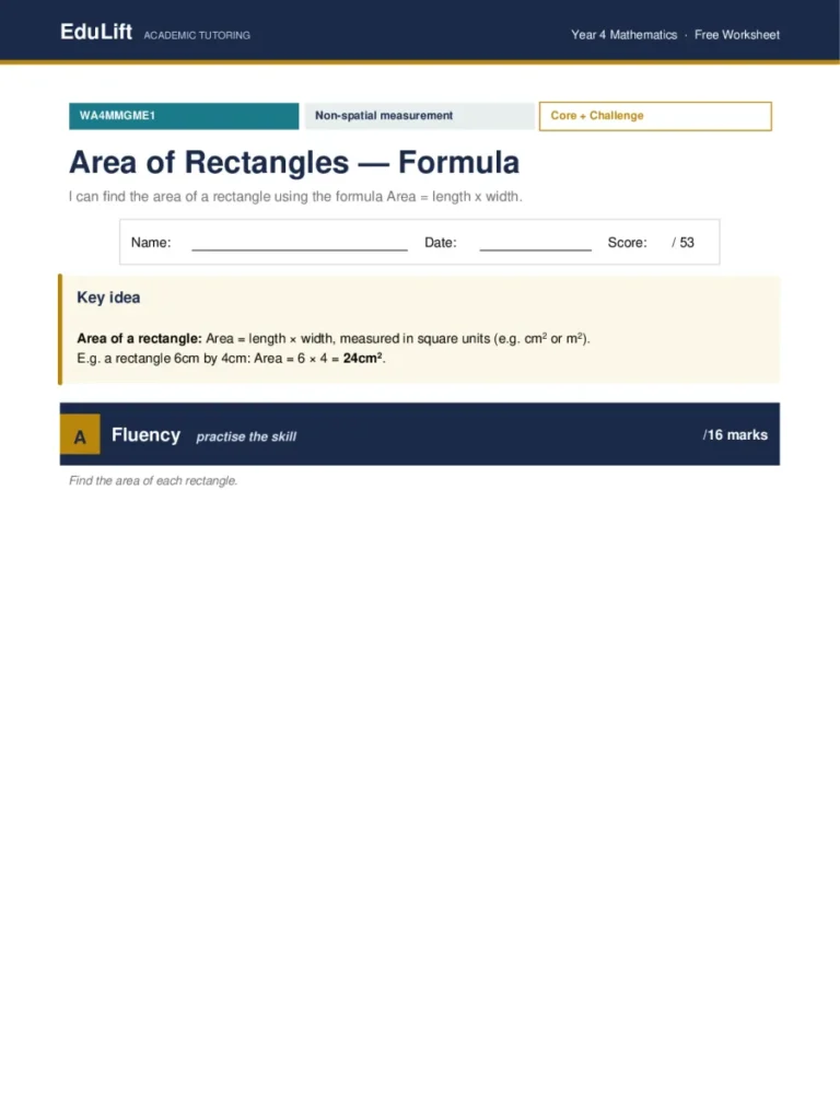 First page of the Year 4 area of rectangles — formula worksheet