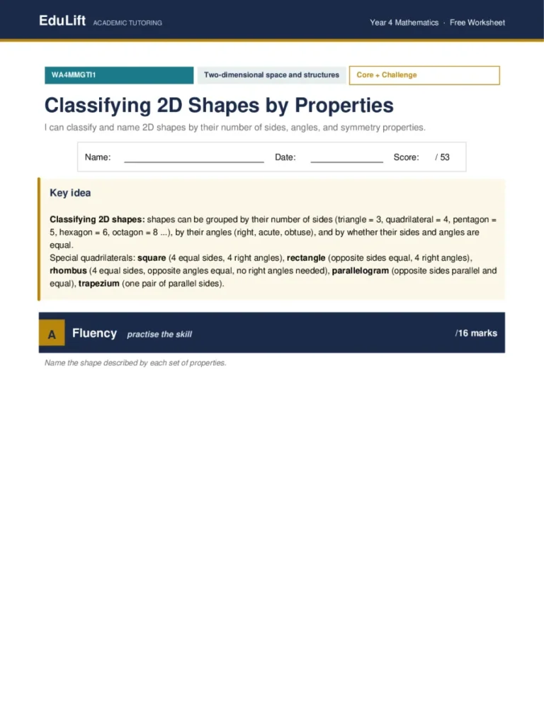 First page of the Year 4 classifying 2d shapes by properties worksheet
