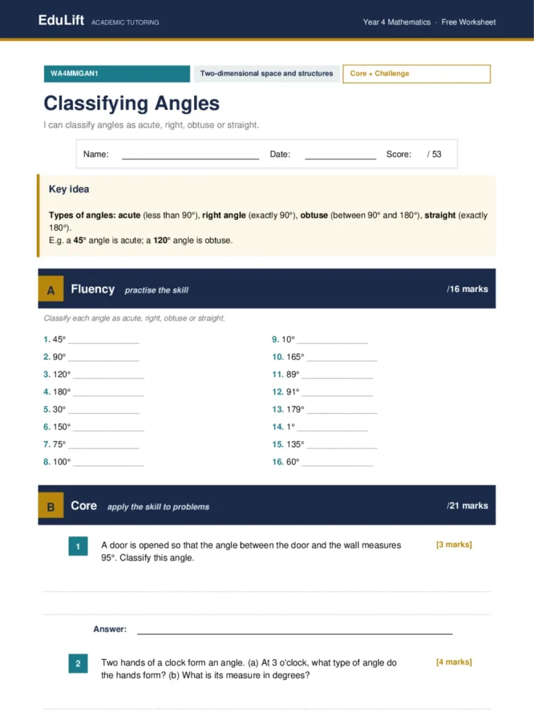 First page of the Year 4 classifying angles worksheet