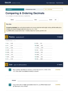 First page of the Year 4 comparing & ordering decimals worksheet