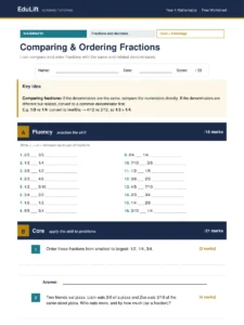 First page of the Year 4 comparing & ordering fractions worksheet