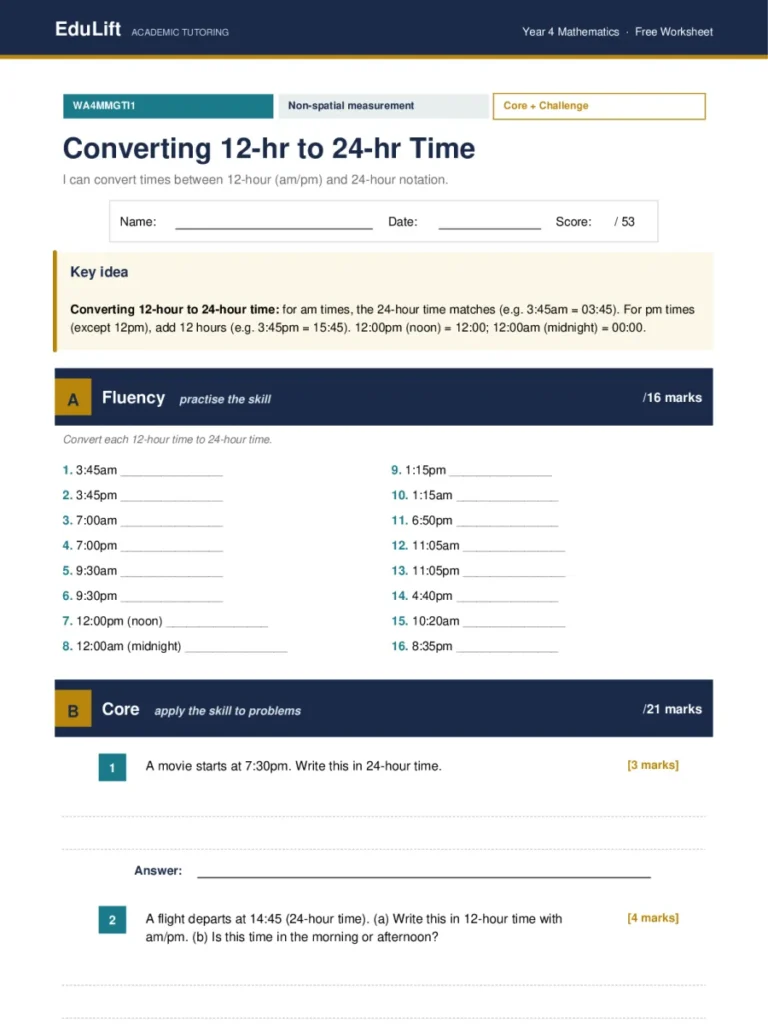 First page of the Year 4 converting 12-hr to 24-hr time worksheet