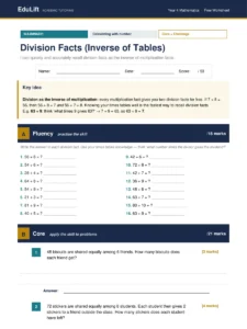 First page of the Year 4 division facts (inverse of tables) worksheet
