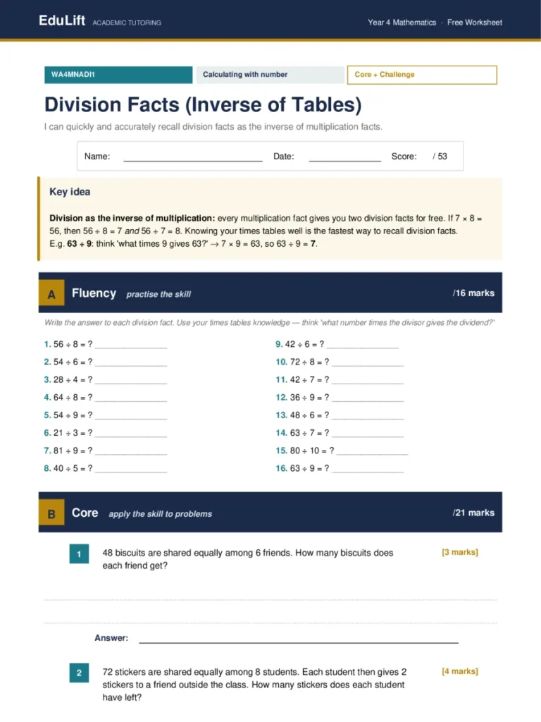 First page of the Year 4 division facts (inverse of tables) worksheet