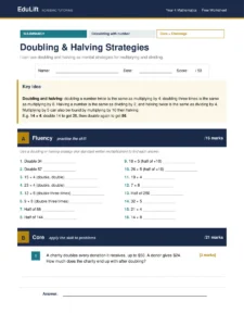 First page of the Year 4 doubling & halving strategies worksheet