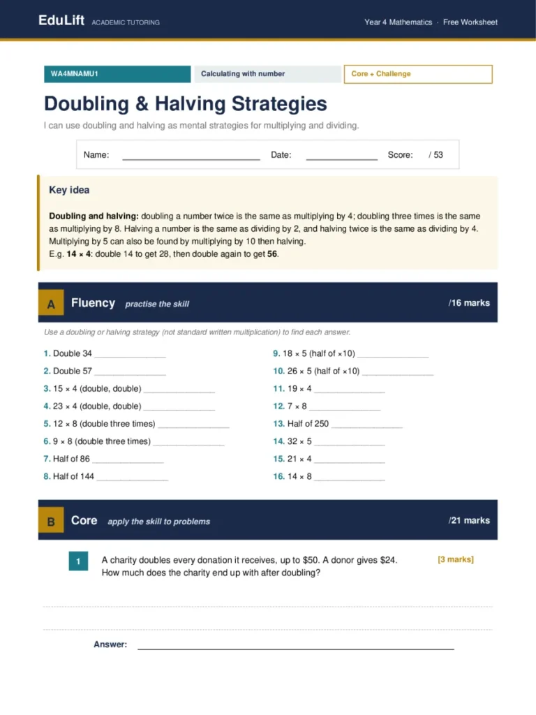 First page of the Year 4 doubling & halving strategies worksheet