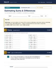 First page of the Year 4 estimating sums & differences worksheet