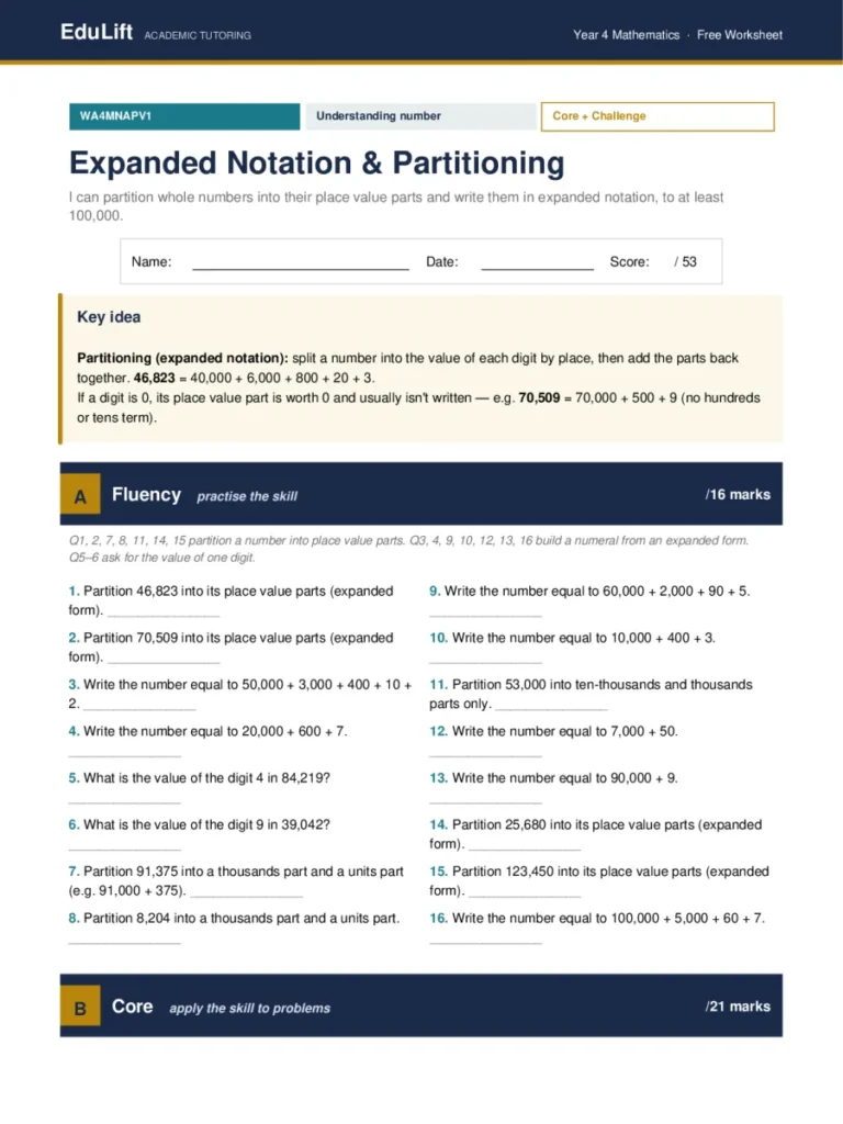 First page of the Year 4 expanded notation & partitioning worksheet