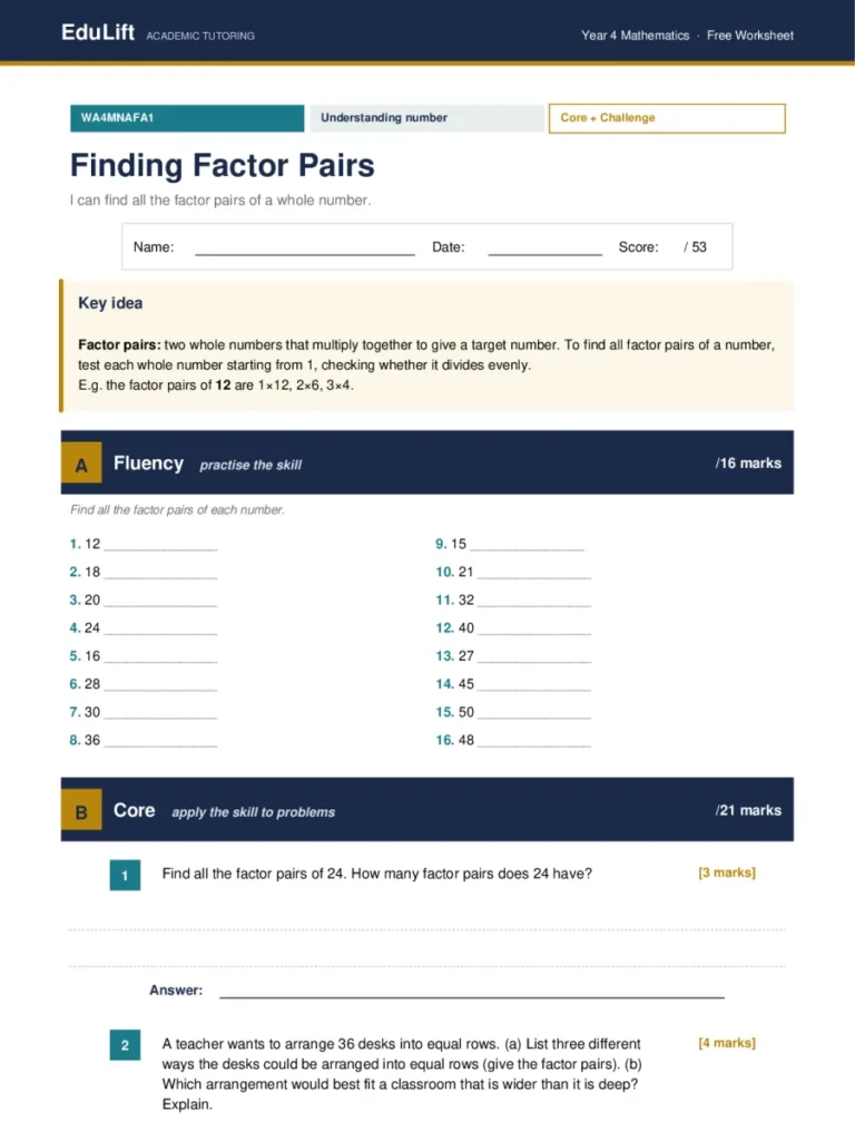 First page of the Year 4 finding factor pairs worksheet