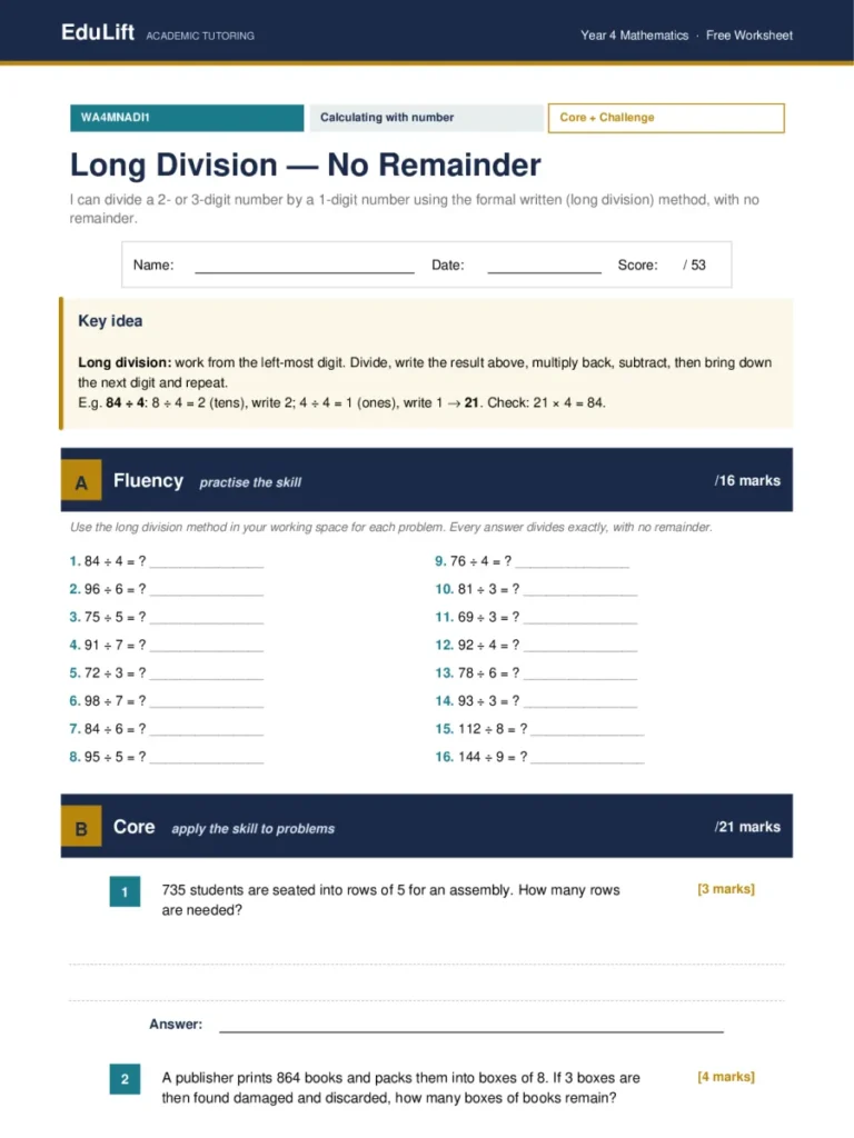 First page of the Year 4 long division — no remainder worksheet