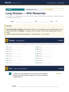 First page of the Year 4 long division — with remainder worksheet