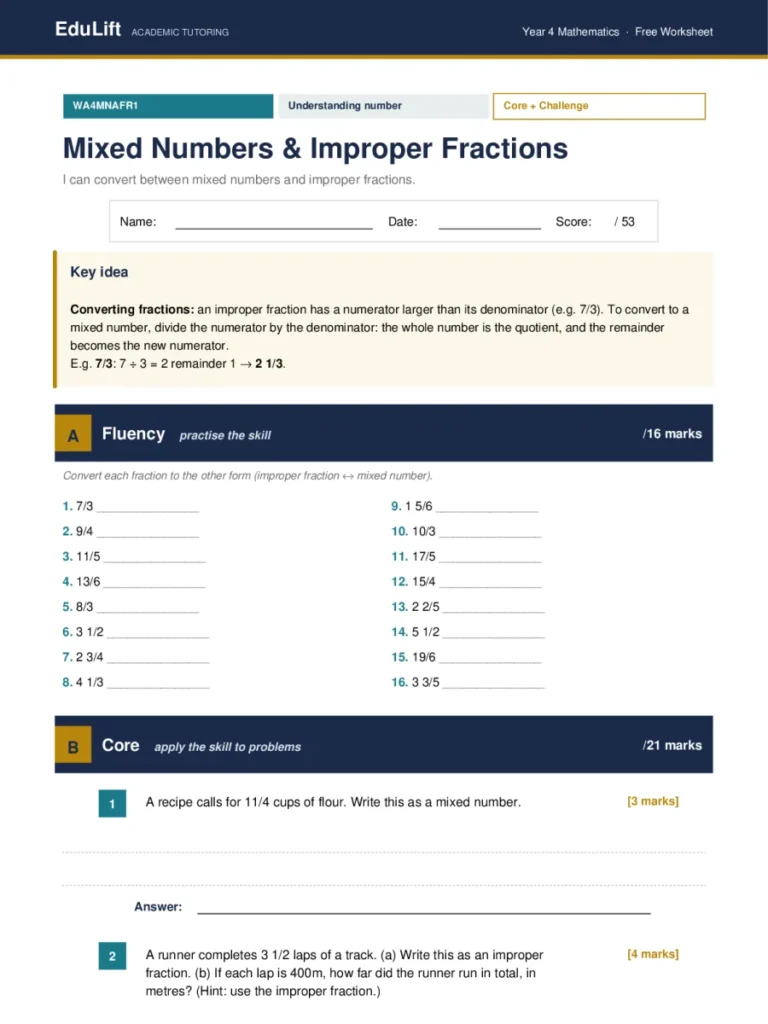 First page of the Year 4 mixed numbers & improper fractions worksheet