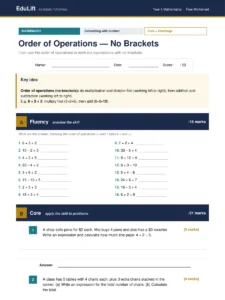 First page of the Year 4 order of operations — no brackets worksheet