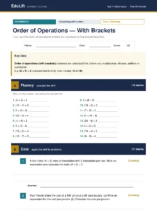 First page of the Year 4 order of operations — with brackets worksheet