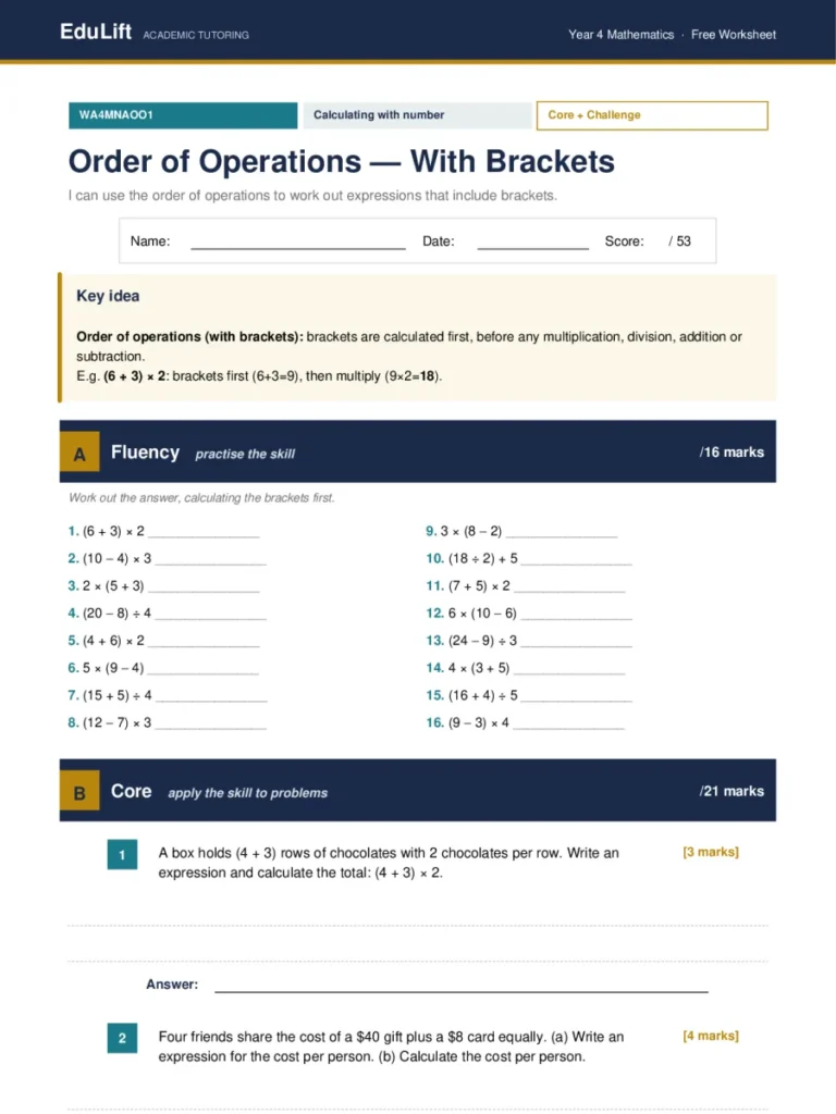 First page of the Year 4 order of operations — with brackets worksheet
