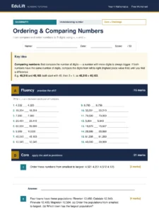 First page of the Year 4 ordering & comparing numbers worksheet