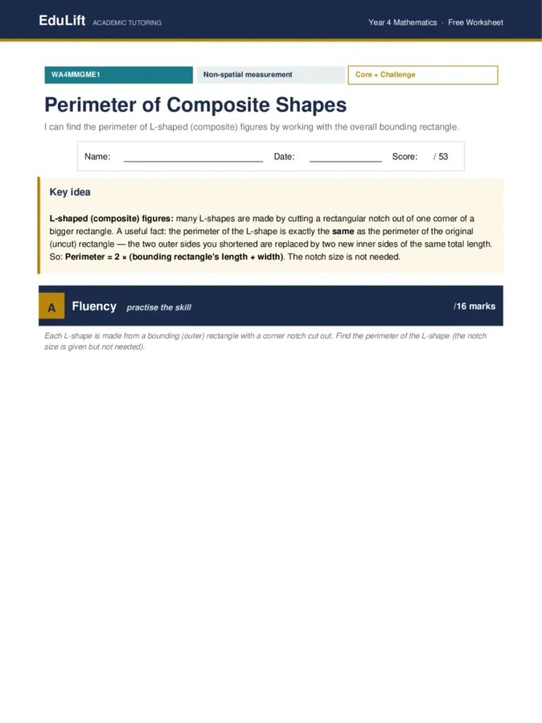 First page of the Year 4 perimeter of composite shapes worksheet