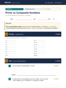 First page of the Year 4 prime vs composite numbers worksheet
