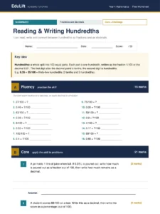 First page of the Year 4 reading & writing hundredths worksheet
