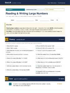 First page of the Year 4 reading & writing large numbers worksheet