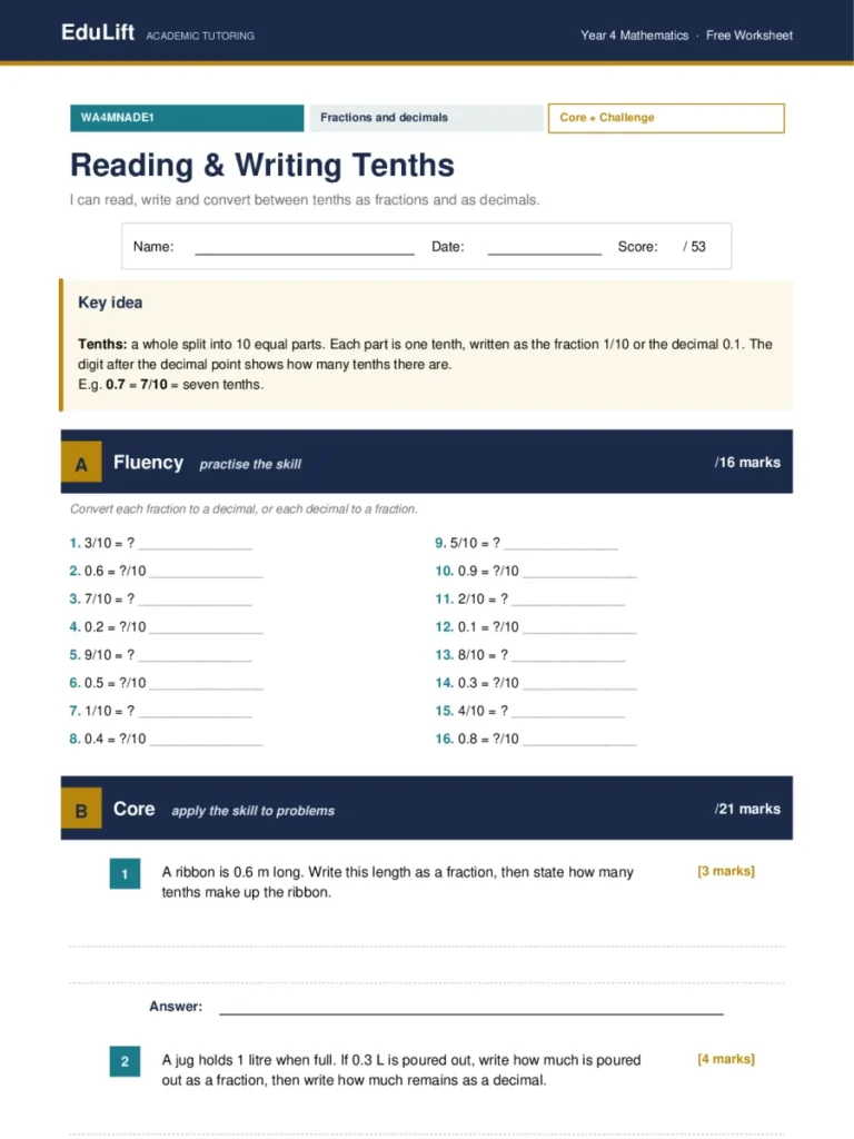 First page of the Year 4 reading & writing tenths worksheet