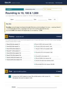 First page of the Year 4 rounding to 10, 100 & 1,000 worksheet