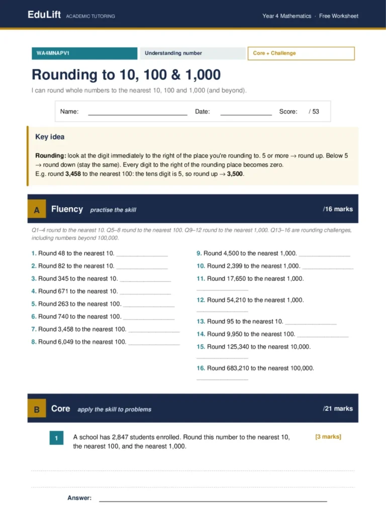 First page of the Year 4 rounding to 10, 100 & 1,000 worksheet