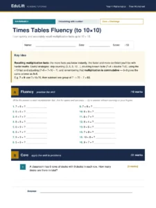 First page of the Year 4 times tables fluency (to 10×10) worksheet