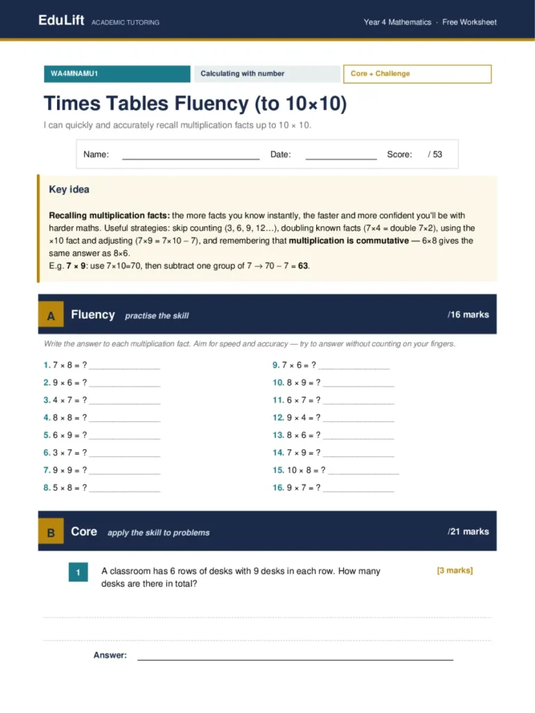 First page of the Year 4 times tables fluency (to 10×10) worksheet