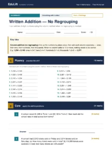 First page of the Year 4 written addition — no regrouping worksheet