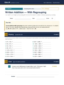 First page of the Year 4 written addition — with regrouping worksheet
