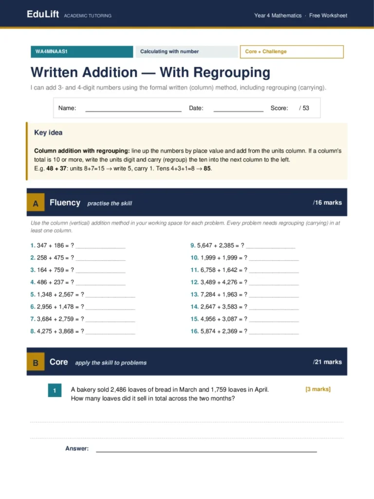 First page of the Year 4 written addition — with regrouping worksheet
