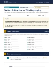 First page of the Year 4 written subtraction — with regrouping worksheet