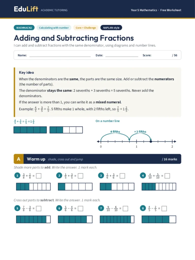 First page of the Year 5 adding and subtracting fractions worksheet