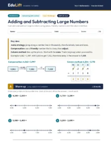 First page of the Year 5 adding and subtracting large numbers worksheet