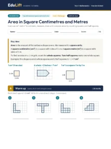 First page of the Year 5 area in square centimetres and metres worksheet