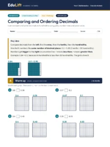 First page of the Year 5 comparing and ordering decimals worksheet