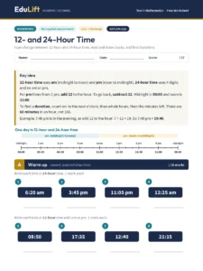 First page of the Year 5 12- and 24-hour time worksheet