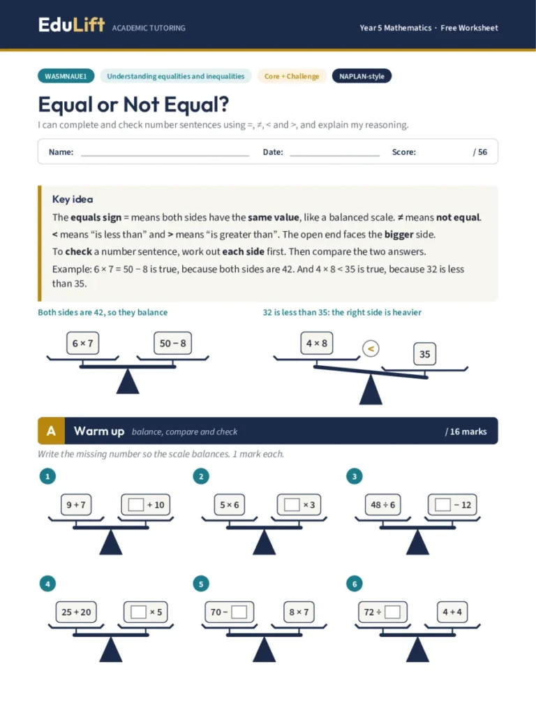 First page of the Year 5 equal or not equal? worksheet