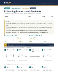 First page of the Year 5 estimating products and quotients worksheet
