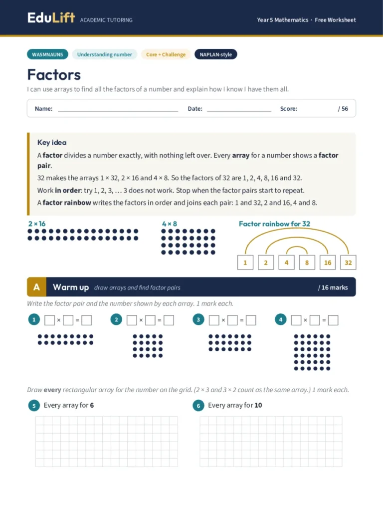 First page of the Year 5 factors worksheet