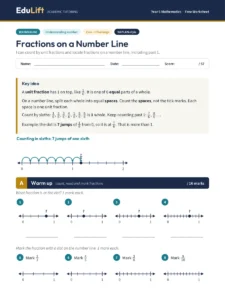 First page of the Year 5 fractions on a number line worksheet