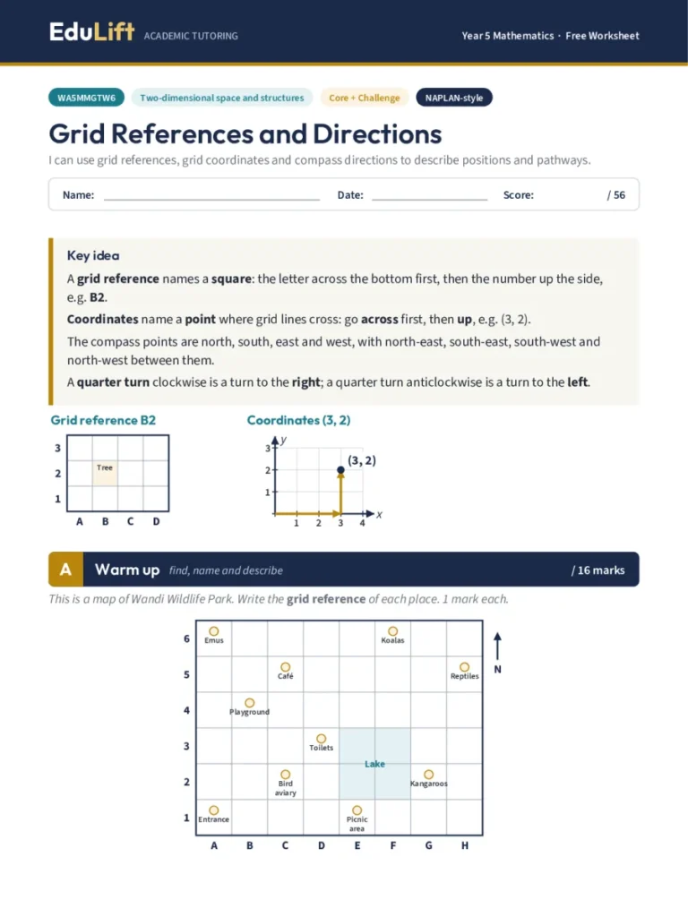 First page of the Year 5 grid references and directions worksheet